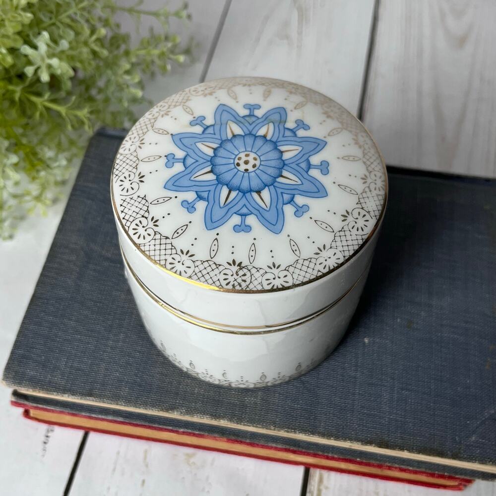 Vintage Porcelain Lidded Trinket Box Blue Floral Gold Gilt Details White Base